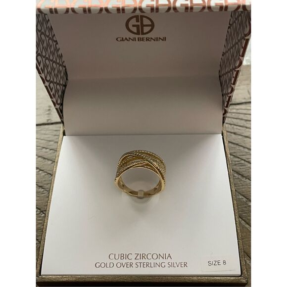 Giani Bernini CZ Crossover Size 8 Ring 18k Gold over Sterling Silver New in Box - Picture 3 of 4